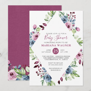 Modern Floral Navy Burgundy Baby Shower Invitation