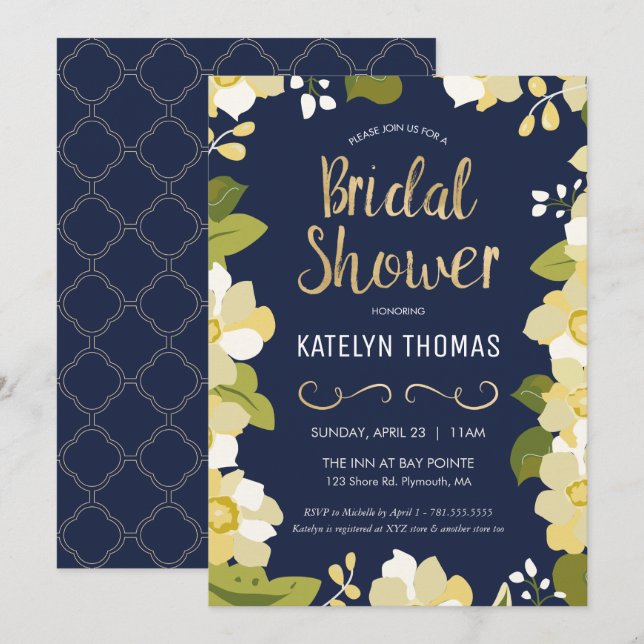Modern Floral Navy & Gold Bridal Shower Invitation (Front/Back)