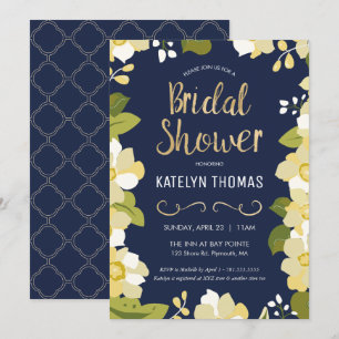 Modern Floral Navy & Gold Bridal Shower Invitation