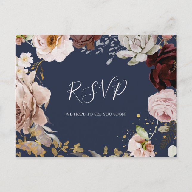 Modern Floral Navy Menu Choice RSVP Postcard (Front)