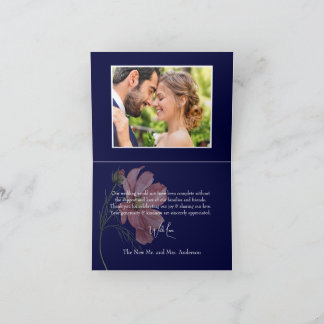 Modern Floral Navy Photo Wedding Thank You Card