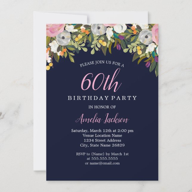 Modern Floral Navy Pink 60th Birthday Invitation (Front)