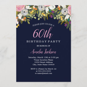 Modern Floral Navy Pink 60th Birthday Invitation