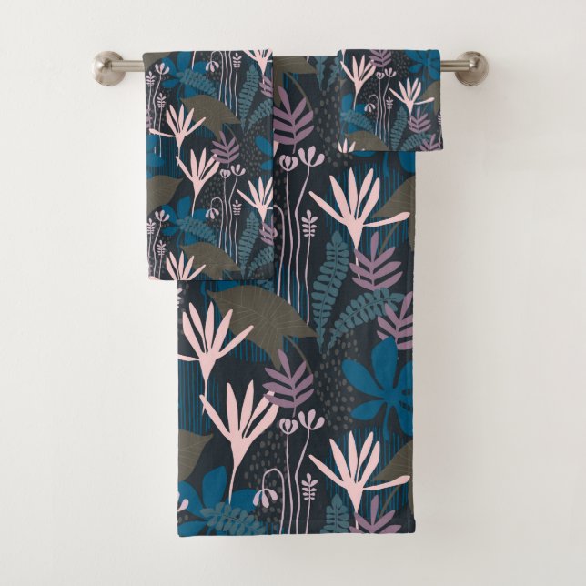 Modern Floral Navy Plants Pastel Pink Flowers Bath Towel Set (Insitu)