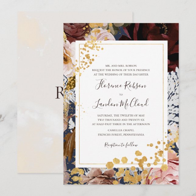 Modern Floral Navy Traditional Frame Wedding Invitation (Front/Back)