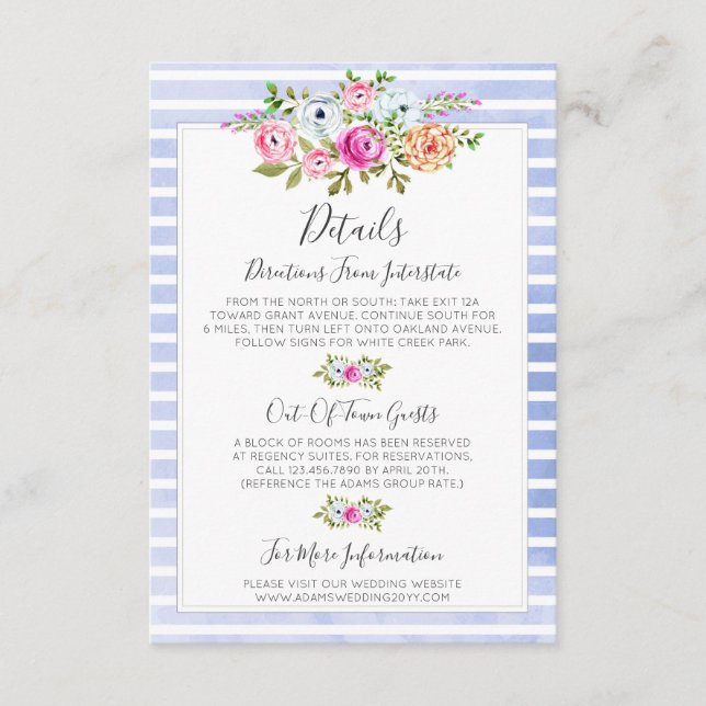 Modern Floral Navy Watercolor Details / Directions Enclosure Card (Front)
