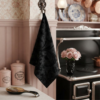 Modern Floral Noir Black Velvet Tea Towel