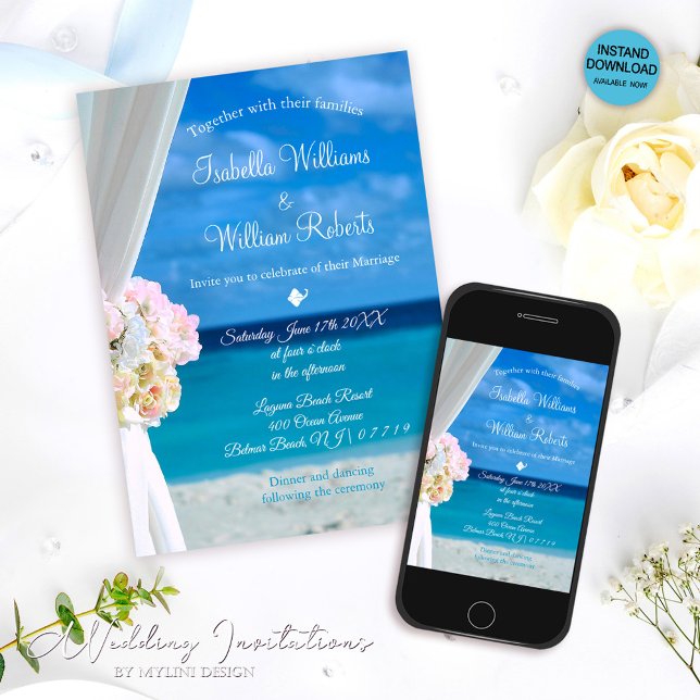 Modern Floral Ocean Beach Summer Wedding Invitation (Creator Uploaded)