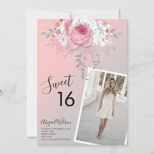 Modern floral ombre sweet sixteen birthday party invitation (Front)