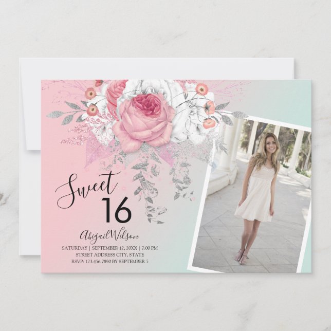 Modern floral ombre sweet sixteen birthday party invitation (Front)