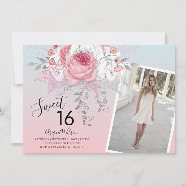 Modern floral ombre sweet sixteen birthday party invitation (Front)