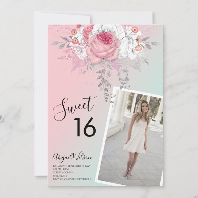 Modern floral ombre sweet sixteen birthday party invitation (Front)
