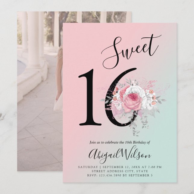 Modern floral ombre sweet sixteen birthday party invitation (Front/Back)