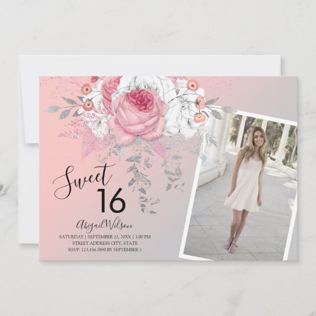 Modern floral ombre sweet sixteen birthday party invitation (Front)
