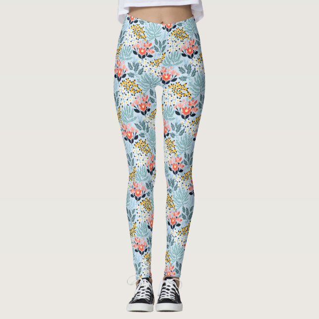 Modern Floral on Blue Leggings (Front)