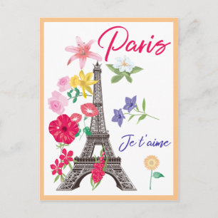 Modern Floral Paris je t'aime  Eiffel Tower Travel Postcard