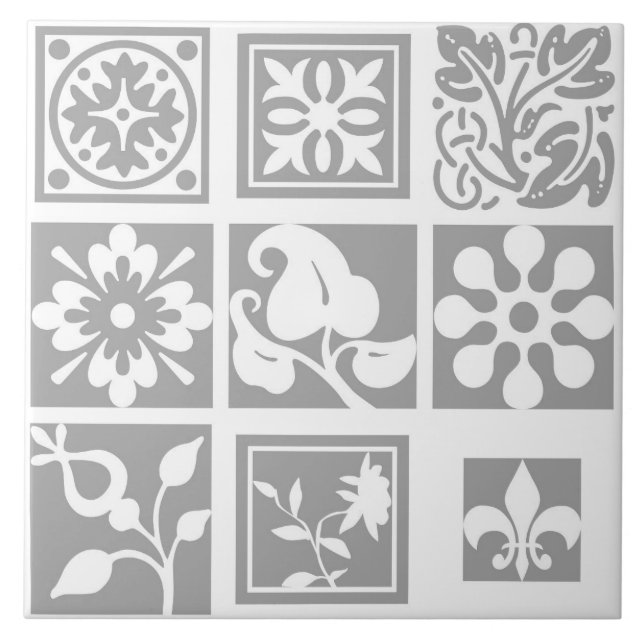 Modern, floral patchwork, white, light grey tile (Front)
