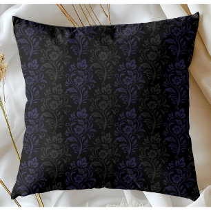 Modern Floral Pattern Blue Grey On Black Cushion