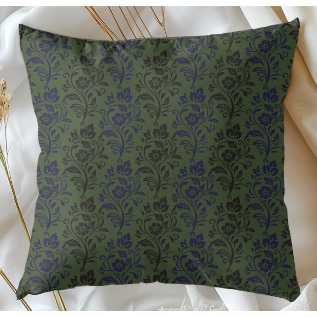 Modern Floral Pattern Blue Grey On Green Cushion (Creator Uploaded)