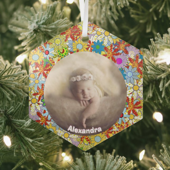 Modern Floral Pattern Bright Colours Glass Tree Decoration (Insitu)