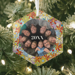 Modern Floral Pattern Bright Colours Glass Tree Decoration