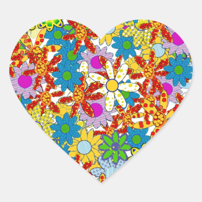 Modern Floral Pattern Bright Colours Heart Sticker (Front)