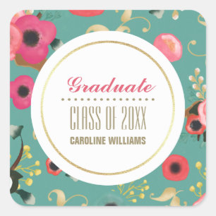 Modern Floral Pattern Custom Graduation  Square Sticker