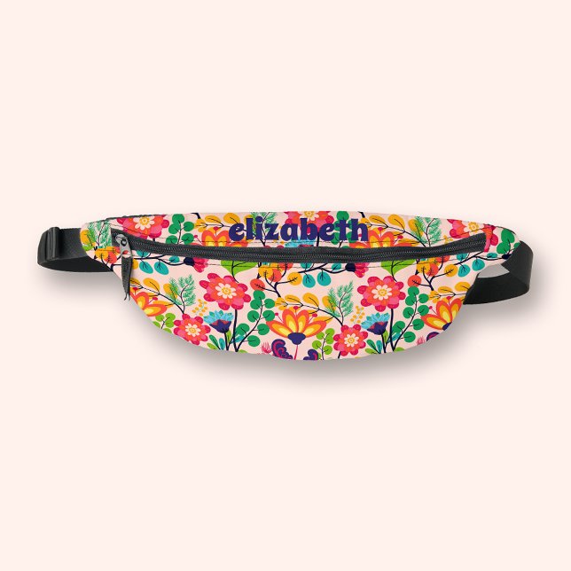 Modern Floral Pattern First Name Travel Bum Bags (Modern floral pattern fanny pack, personalized with your first name)