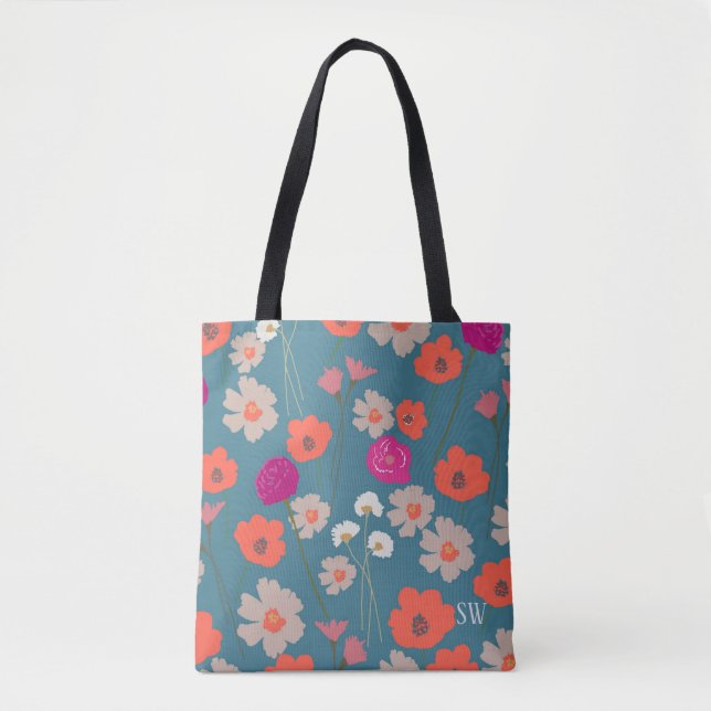 Modern Floral Pattern Gift For Her+Custom Initials Tote Bag (Front)