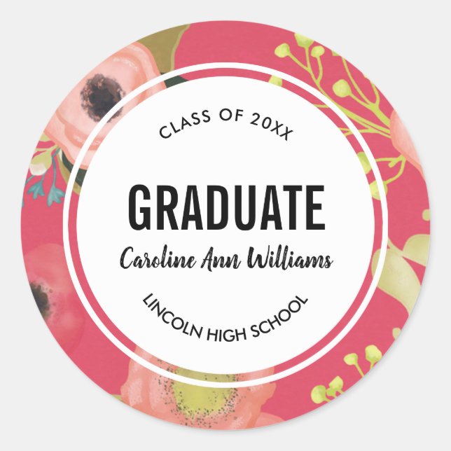 Modern Floral Pattern Graduation  Classic Round Sticker (Front)