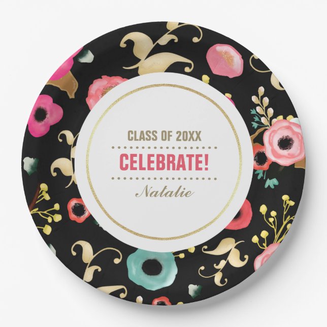 Modern Floral Pattern Graduation Party Custom  Paper Plate (Front)