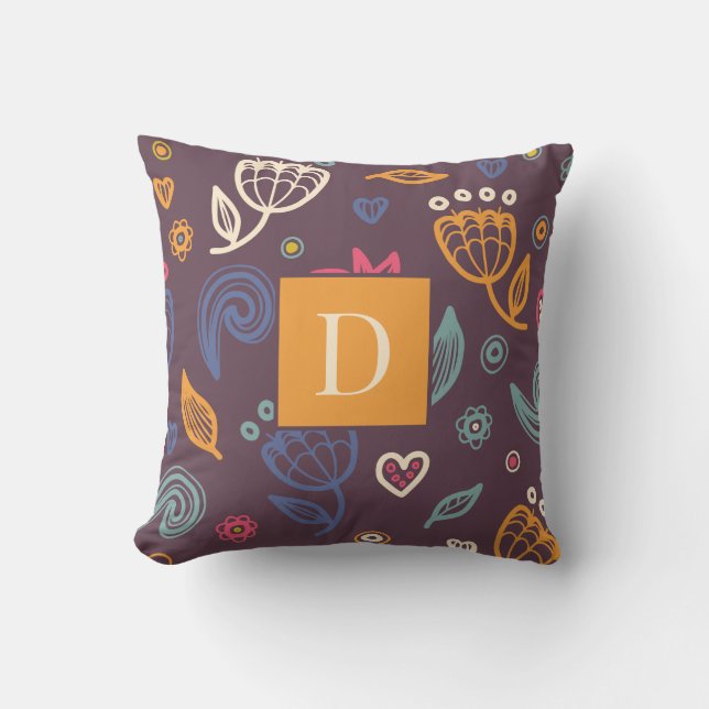 Modern Floral Pattern Illustration Monogram Cushion (Front)
