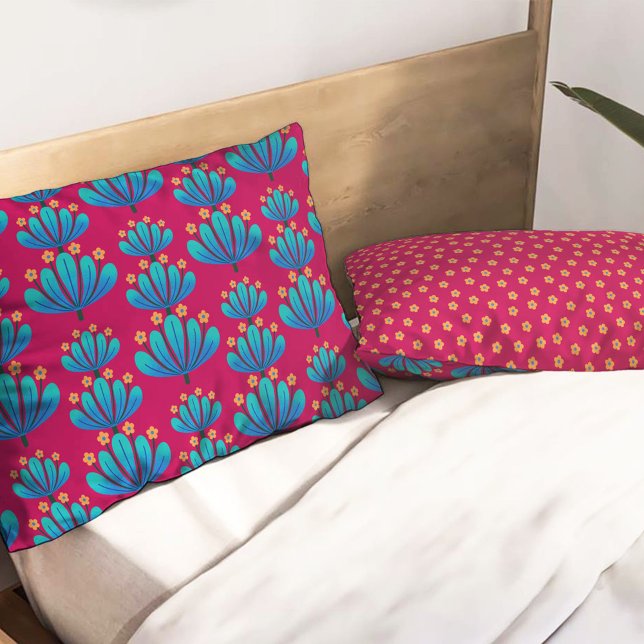 Modern Floral Pattern in Rubine Red and Blue Pillowcase (Creator Uploaded)
