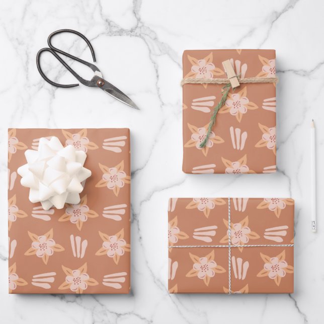 Modern Floral Pattern on Terracotta Wrap Wrapping Paper Sheet (Front)