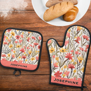 Modern Floral Pattern Oven Mitt & Pot Holder Set