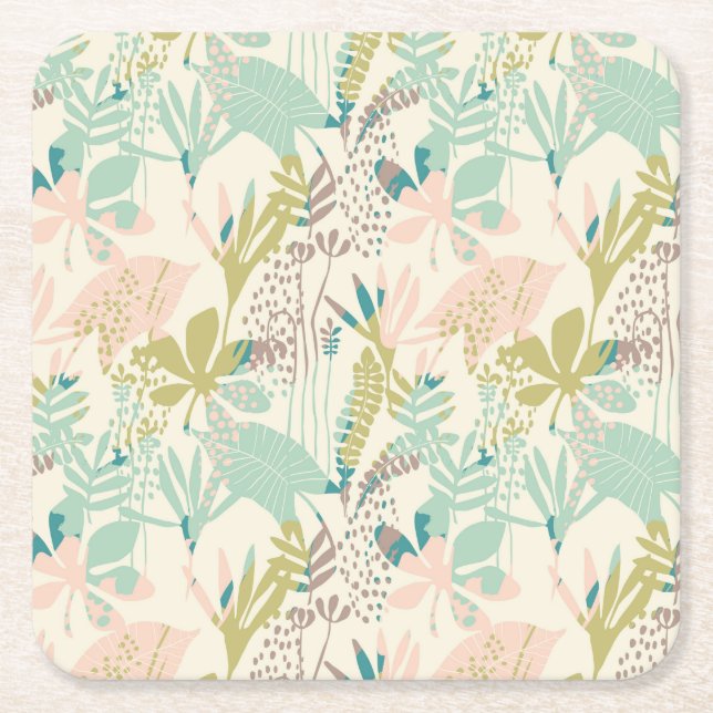 Modern Floral Pattern Square Paper Coaster (Front)