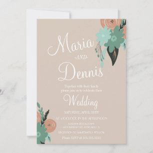 Modern Floral Peach and Green Botanical Wedding Invitation