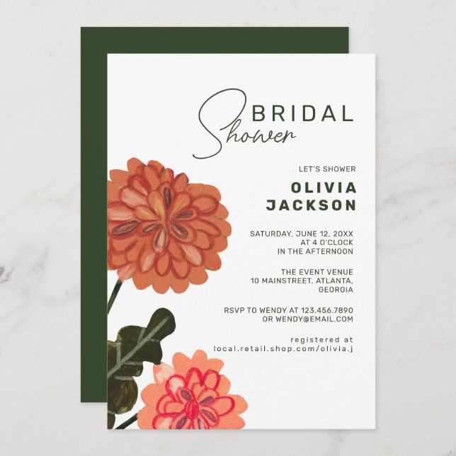 Modern floral peach terracotta green bridal shower invitation (Front/Back)