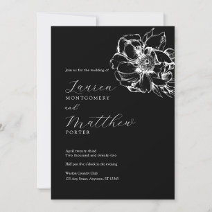 Modern Floral Peony Black and White Wedding Invitation