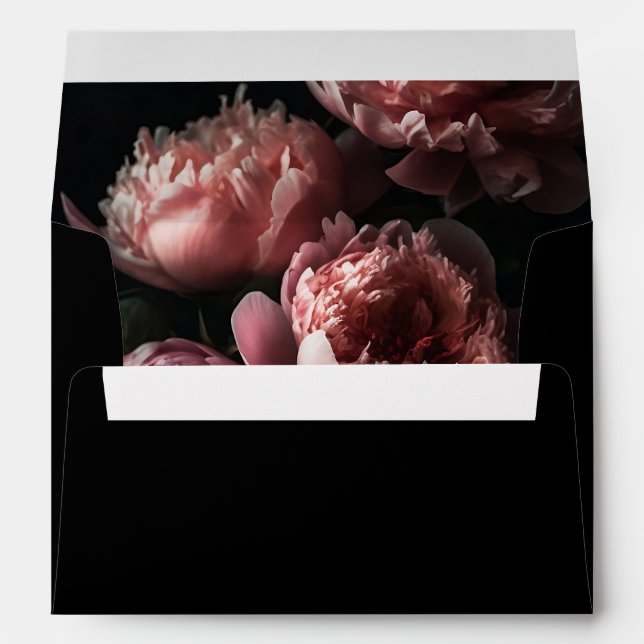 Modern Floral Peony Flowers Painting Black Wedding Envelope (Back (Bottom))