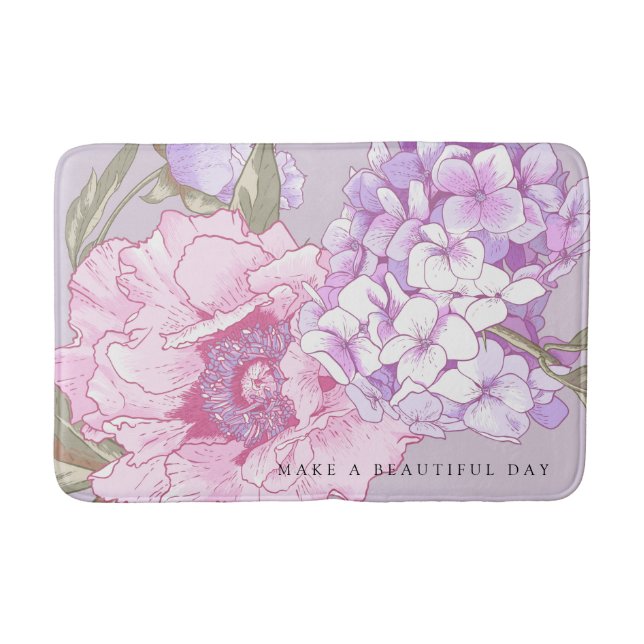 Modern Floral Peony Hydrangea Purple Pink Bath Mat (Front)