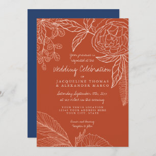 Modern Floral Peony Line Art Navy Orange Leaf Invitation