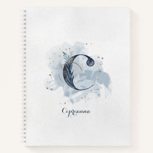 Modern Floral Personal Monogram Letter C Blue Gold Notebook