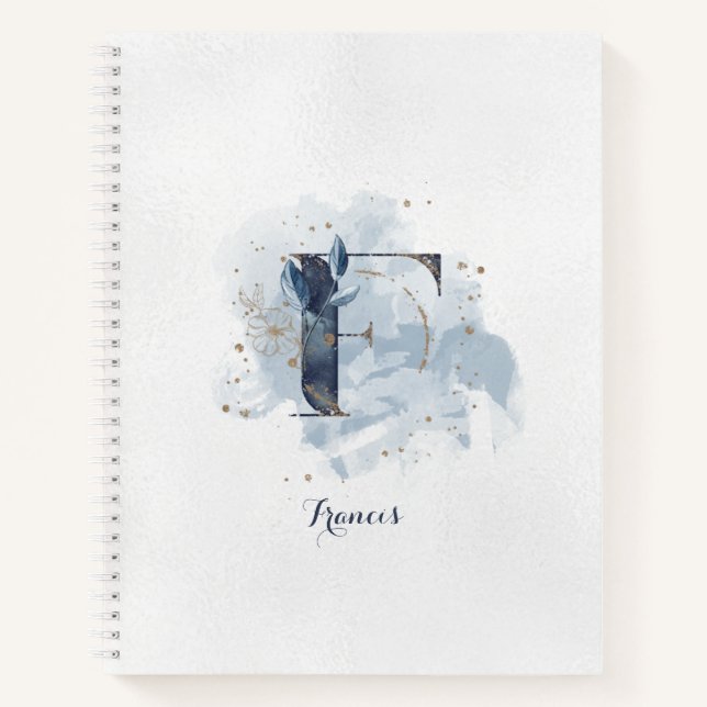 Modern Floral Personal Monogram Letter F Blue Gold Notebook (Front)