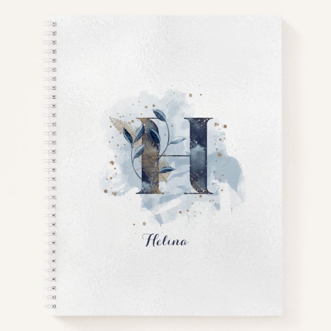 Modern Floral Personal Monogram Letter H Blue Gold Notebook (Front)