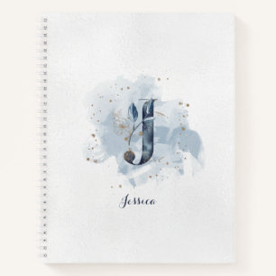 Modern Floral Personal Monogram Letter J Blue Gold Notebook