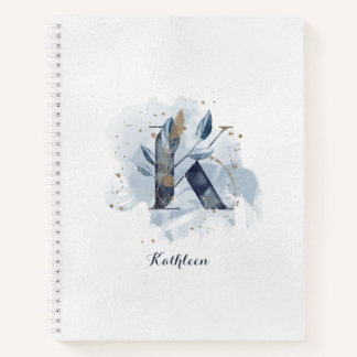 Modern Floral Personal Monogram Letter K Blue Gold Notebook