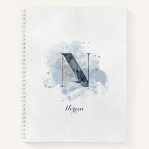 Modern Floral Personal Monogram Letter N Blue Gold Notebook