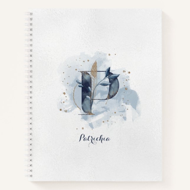 Modern Floral Personal Monogram Letter P Blue Gold Notebook (Front)