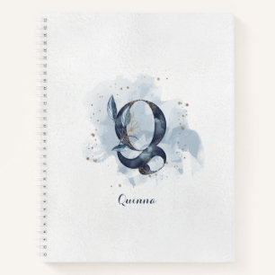 Modern Floral Personal Monogram Letter Q Blue Gold Notebook